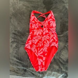 Womens Red Floral One-Piece Swimsuit with Crisscross Back